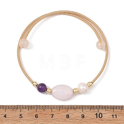Round & Oval Natural Kunzite & Amethyst & Rose Quartz & Cultured Freshwater Pearl & Non-magnetic Synthetic Hematite Beaded Bangles BJEW-JB14080-02-1
