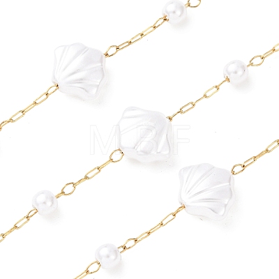 304 Stainless Steel & ABS Plastic Pearl Round & Shell Shape Bead Cable Chains CHS-G048-04G-1