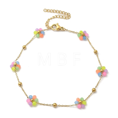 304 Stainless Steel & Synthetic Stone Daisy Flower Chain Anklets for Women AJEW-B031-01G-01-1