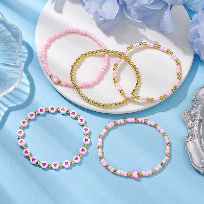 5Pcs 5 Styles Heart Acrylic & Glass Seed Beaded Stretch Bracelet Sets BJEW-JB10473-02-1