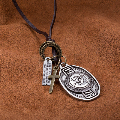 Adjustable Men's Cross & 1978 Zinc Alloy Pendant and Leather Cord Lariat Necklaces NJEW-BB16021-1