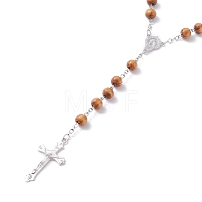 Religious Prayer Pine Wood Beaded Lariat Necklace BJEW-O140-04P-1
