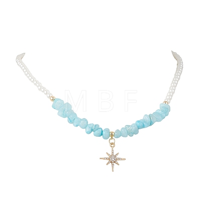 Alloy Crystal Rhinestone Star Pendant Natural White Jade Chip and Round White Glass Pearl Beaded Necklaces NJEW-JN05696-02-1