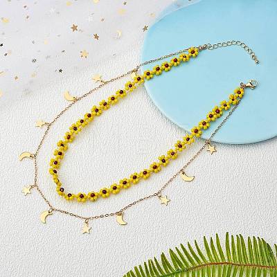 Glass Seed Braided Flower Double Layer Necklace NJEW-SW00015-02-1