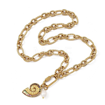 Ocean Natural Paua Shell 304 Stainless Steel Sea Animals & Rice Natural Pearl Pendant Figaro Chain Necklaces NJEW-JN06304-1