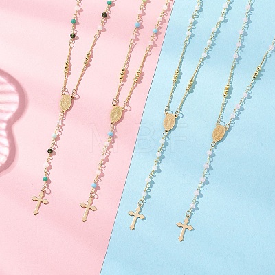 Faceted Glass and Brass Rosary Bead Necklaces NJEW-JN05672-1