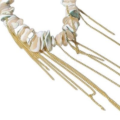 Natural Shell Chip Beaded Alloy Chain Tassel Bib Necklaces for Women WG291D5-01-1