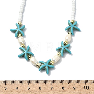 Ocean Sea Animals Synthetic Turquoise & Natural Cultured Freshwater Pearl & Glass Seed Beaded Necklaces for Women NJEW-JN06127-01-1