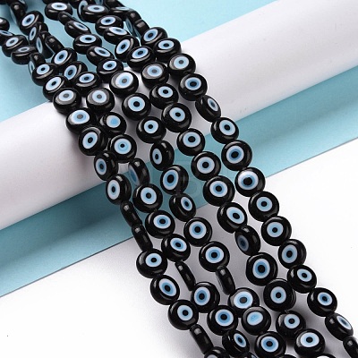 Handmade Evil Eye Lampwork Flat Round Bead Strands LAMP-L058-8mm-20-1