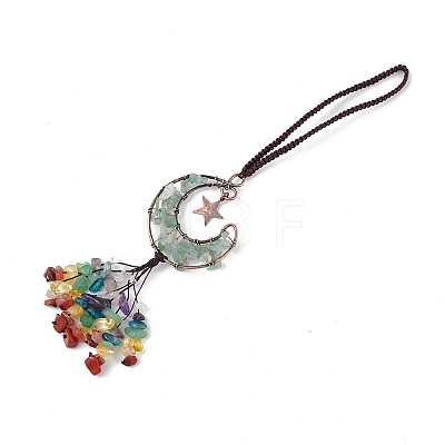 Natural Green Aventurine Moon with Mixed Gemstone Chips Tassel Pendant Decorations G-L524-07R-A06-1