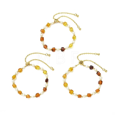 Adjustable Natural Cultured Freshwater Pearl & Amber Beads Slider Bracelets for Women BJEW-JB13608-1