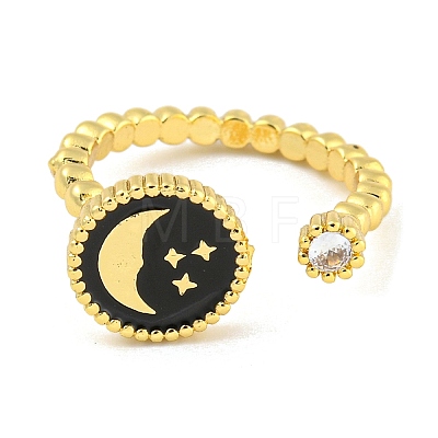 Flat Round with Moon Star Rack Plating Brass Micro Pave Cubic Zirconia Open Cuff Rings RJEW-N047-03A-G-RS-1