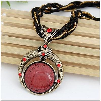 Bohemian Style Flat Round Alloy & Resin Imitation Gems Pendant Necklaces WG23E28-01-1