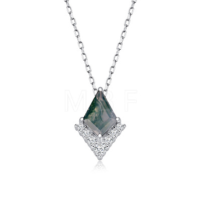 Rhombus 925 Sterling Silver Micro Pave Clear Cubic Zirconia with Natural Moss Agate Pendant Necklaces FS-WG1E963-01-1