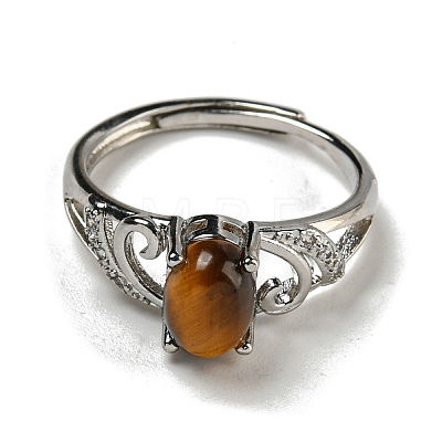 Oval Natural Tiger Eye Adjustable Rings RJEW-Q818-01P-10B-1