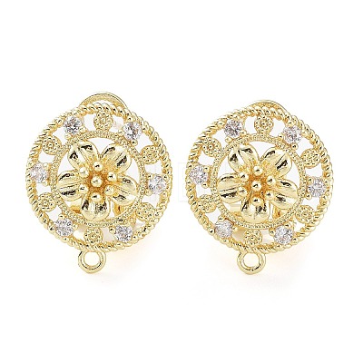 Hollow Flower Brass Micro Pave Cubic Zirconia Stud Earrings Finding KK-E083-12G-1