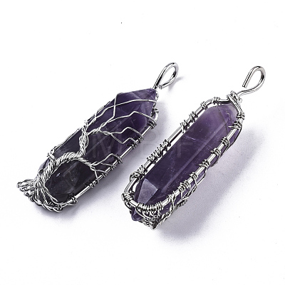 Natural Amethyst Big Wire Wrapped Pendants G-T133-P02C-1