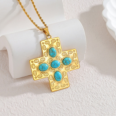 Boho 304 Stainless Steel Synthetic Turquoise Pendant Necklaces for Women WG99EC3-04-1