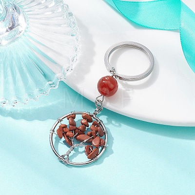 Natural Carnelian & Red Jasper Chips Flat Round with Tree of Life Kcychain KEYC-JKC00563-03-1