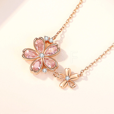925 Sterling Silver Pave Pink Cubic Zirconia Double Sakura Flower Pendant Cable Chain Necklaces for Women FS-WGCE9CB-01-1