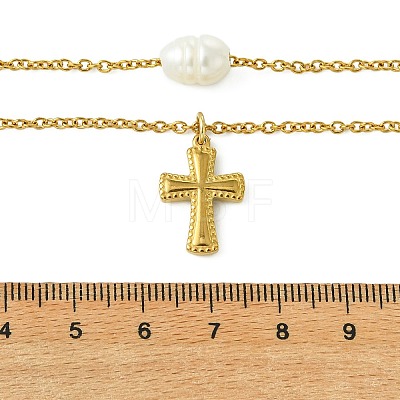Natural Pearl Rice and 304 Stainless Steel Pendant Double Layer Necklaces for Women NJEW-JN06211-01-1
