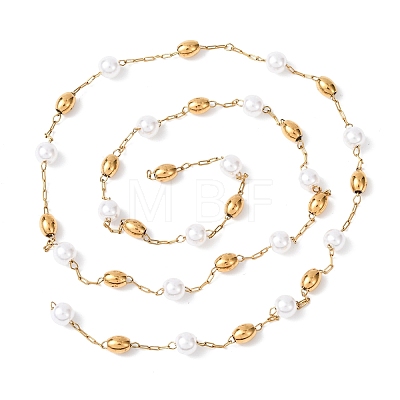 304 Stainless Steel Barrel Bead & ABS Plastic Pearl Round Bead Cable Chains CHS-G048-02G-1