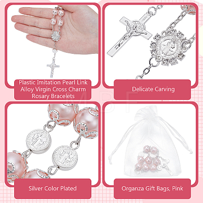 30Pcs Plastic Imitation Pearl Link Alloy Virgin Cross Charm Rosary Bracelets BJEW-WA0001-06-1