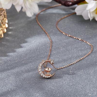 Chinese Zodiac Necklace Monkey Necklace 925 Sterling Silver Rose Gold Monkey on the Moon Pendant Charm Necklace Zircon Moon and Star Necklace Cute Animal Jewelry Gifts for Women JN1090I-1