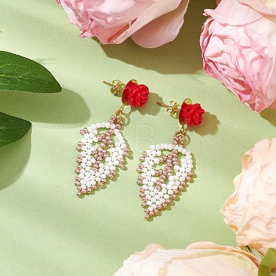 Rose with Leaf Seed Beads Stud Earrings EJEW-MZ00222-02-1