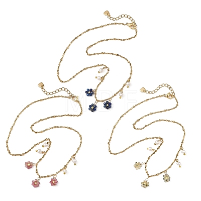 Natural Mixed Stone Faceted Round Beaded Flower Pendant 304 Stainless Steel Satellite Chain Necklaces NJEW-JN06500-1