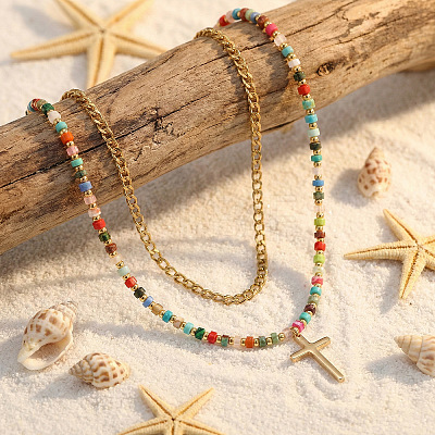 Stainless Steel Religion Cross Pendant Colorful Natural Mixed Gemstone Heishi Beaded Double Layer Necklaces for Women OM0198-1-1