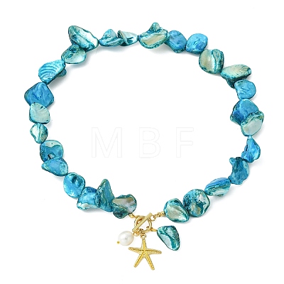 Summer Beach Alloy Starfish Pendant Dyed Natural Freshwater Shell Nuggets Beaded Necklaces for Women NJEW-JN06334-1