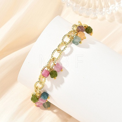Natural Mixed Gemstone Faceted Cube Beads Tassel Brass Textured Cable Chain Bracelets for Women BJEW-JB14335-1