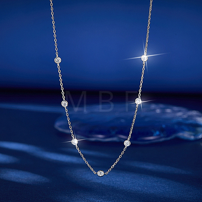 Rhodium Plated Sterling Silver with Clear Cubic Zirconia Bead Chain Necklaces for Women QQ4546-1