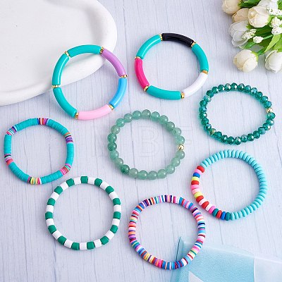 8Pcs 6 Style Synthetic Imperial Jasper & GLass Beaded Stretch Bracelets Set BJEW-SW00086-05-1