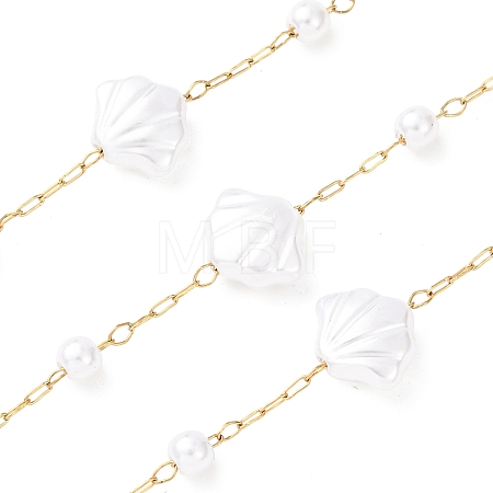 304 Stainless Steel & ABS Plastic Pearl Round & Shell Shape Bead Cable Chains CHS-G048-04G-1