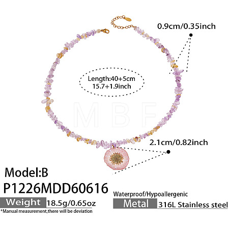 Resin Dried Flower Pendant Natural Amethyst Chip Beaded Necklaces for Women WG0DB7D-02-1