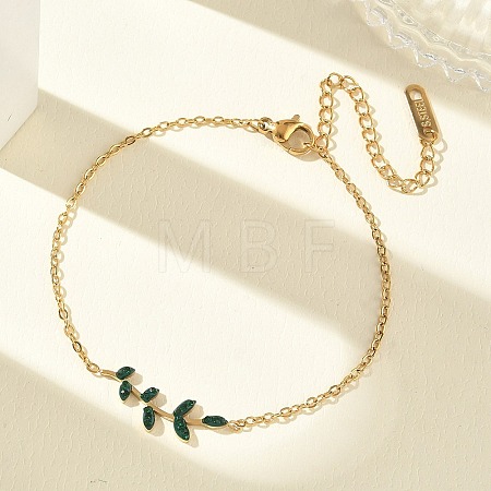 304 Stainless Steel Rhinestone Leaf Link Bracelets SA-CBA5F76-03G-03-1