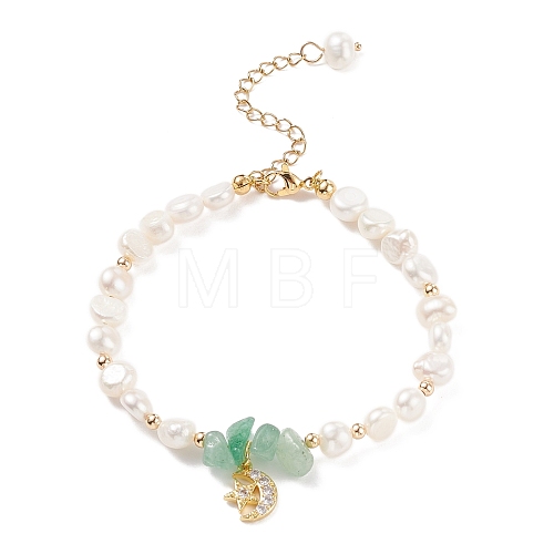 Natural Green Aventurine Chips & Pearl Beaded Bracelet BJEW-JB08236-03-1