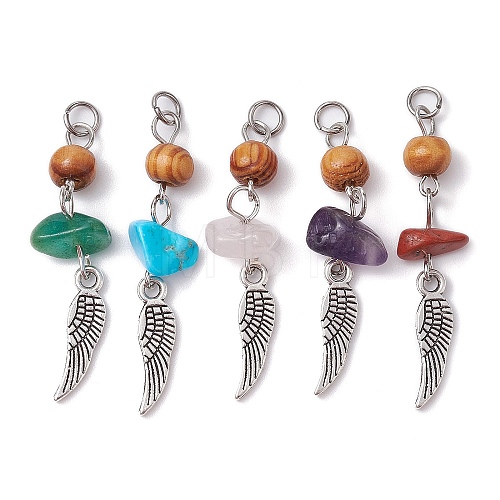 5Pcs 5 Styles Natural Mixed Gemstone Chip Pendants with Wood Beads PALLOY-JF02297-S-1