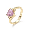 Adjustable Brass Finger Rings with Pink Heart Cubic Zirconia for Valentine's Day CU-CBA7E55-11G-4