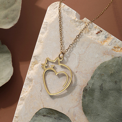 201 Stainless Steel Heart with Cat Outline Pendant Necklaces for Women FS-WG6120F-01-1