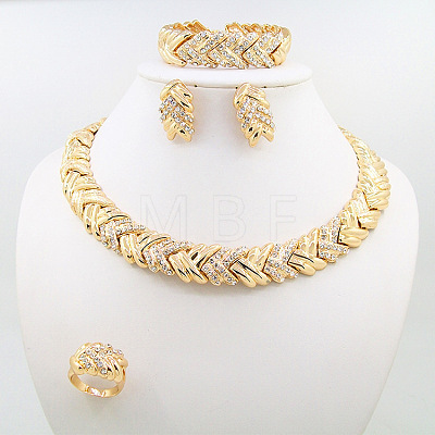 Woven Pattern Alloy with Rhinestone Chain Necklaces & Stud Earrings & Bangles & Rings Sets FS-WG1F788-01-1