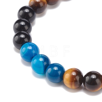 Natural Agate & Tiger Eye & Black Onyx Round Beaded Stretch Bracelet BJEW-JB08400-02-1