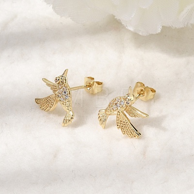 Hummingbird Brass Micro Pave Clear Cubic Zirconia Stud Earrings EJEW-L311-02G-1