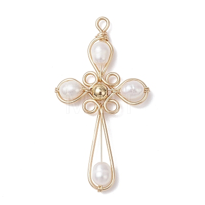 Natural Cultured Freshwater Pearl Copper Wire Wrapped Cross Pendants PALLOY-TA00318-1