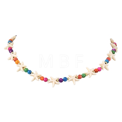 Ocean Dyed Round Natural Freshwater Shell & Synthetic Turquoise Starfish Beaded Necklaces for Women NJEW-JN06264-1