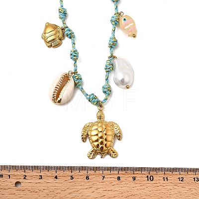 Summer Beach 304 Stainless Steel & Electroplated Natural Shell Pendant Adjustable Polyester Cord Necklaces for Women NJEW-F348-01E-G-1