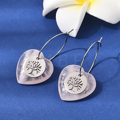 Natural Rose Quartz & 304 Stainless Steel Hoop Earrings for Women EJEW-G475-05P-08-1