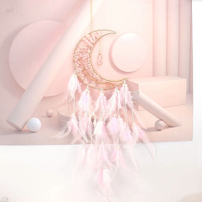 Moon with Tree of Life Wrapped Natural Rose Quartz Chips Woven Web/Net with Feather Decorations PW-WG37965-07-1